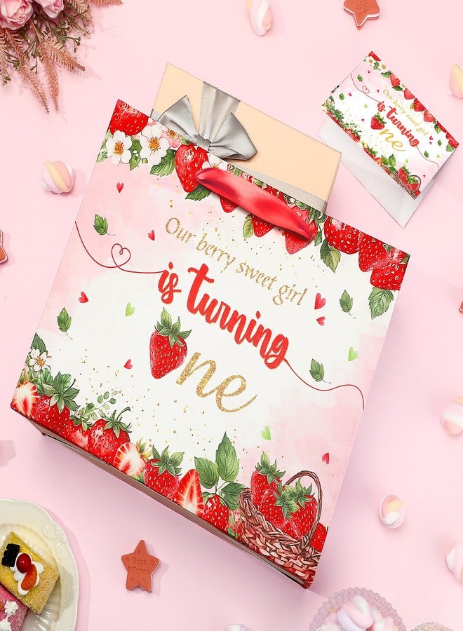 Woosytoo Strawberry 1st Birthday Gift Bag Berry Birthday Decorations Large Sweet One Wrapping Bag with Tissue Paper and Greeting Card for Baby Girl Christmas Xmas Baby Shower Party Favors Supplies - Image 2